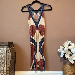 Elegant Paisley Midi Dress in Red and Blue